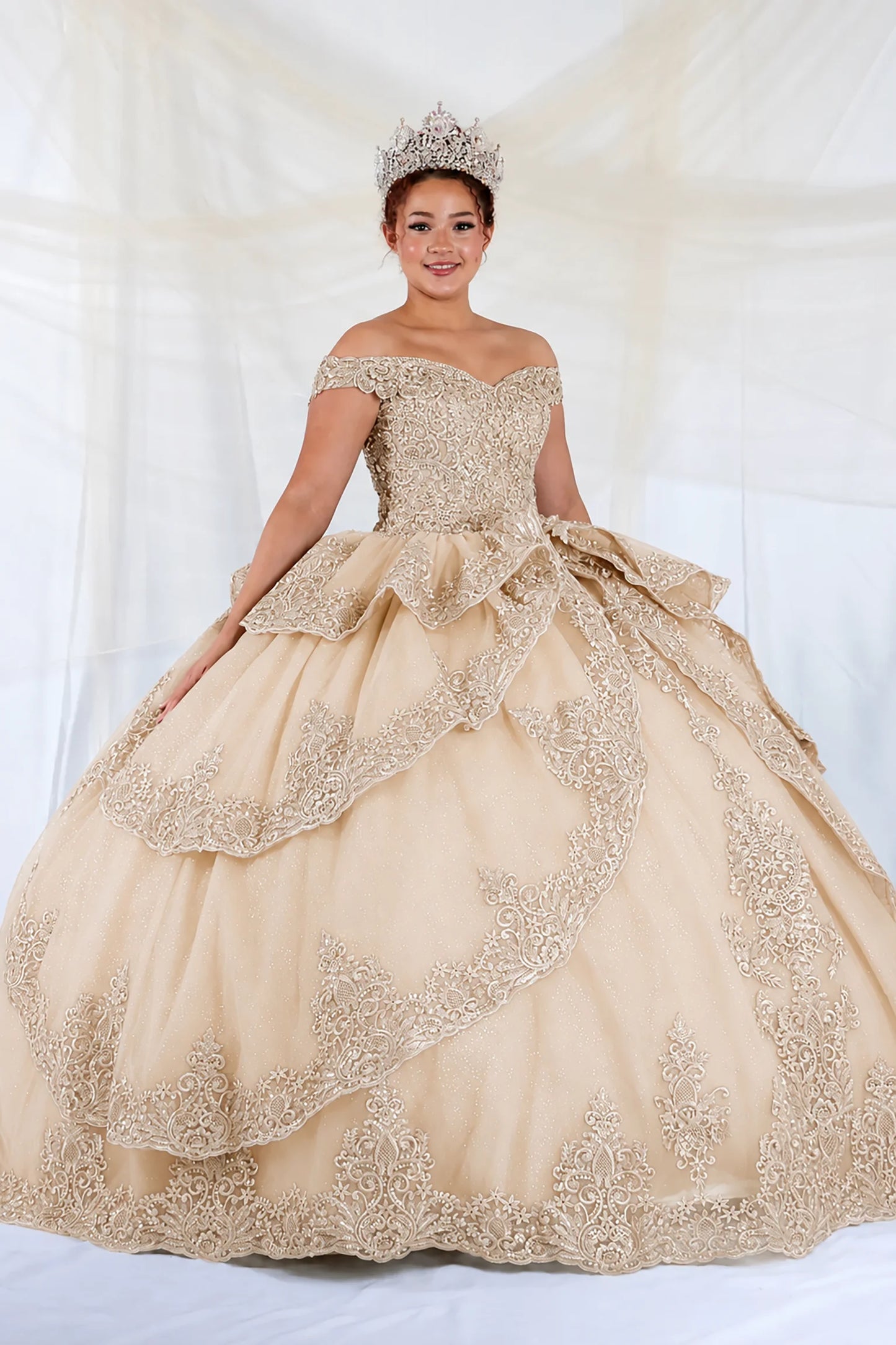 off-the-shoulder champagne quinceañera ball gown with intricate lace applique and embroidery