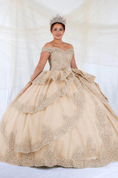 off-the-shoulder champagne quinceañera ball gown with intricate lace applique and embroidery