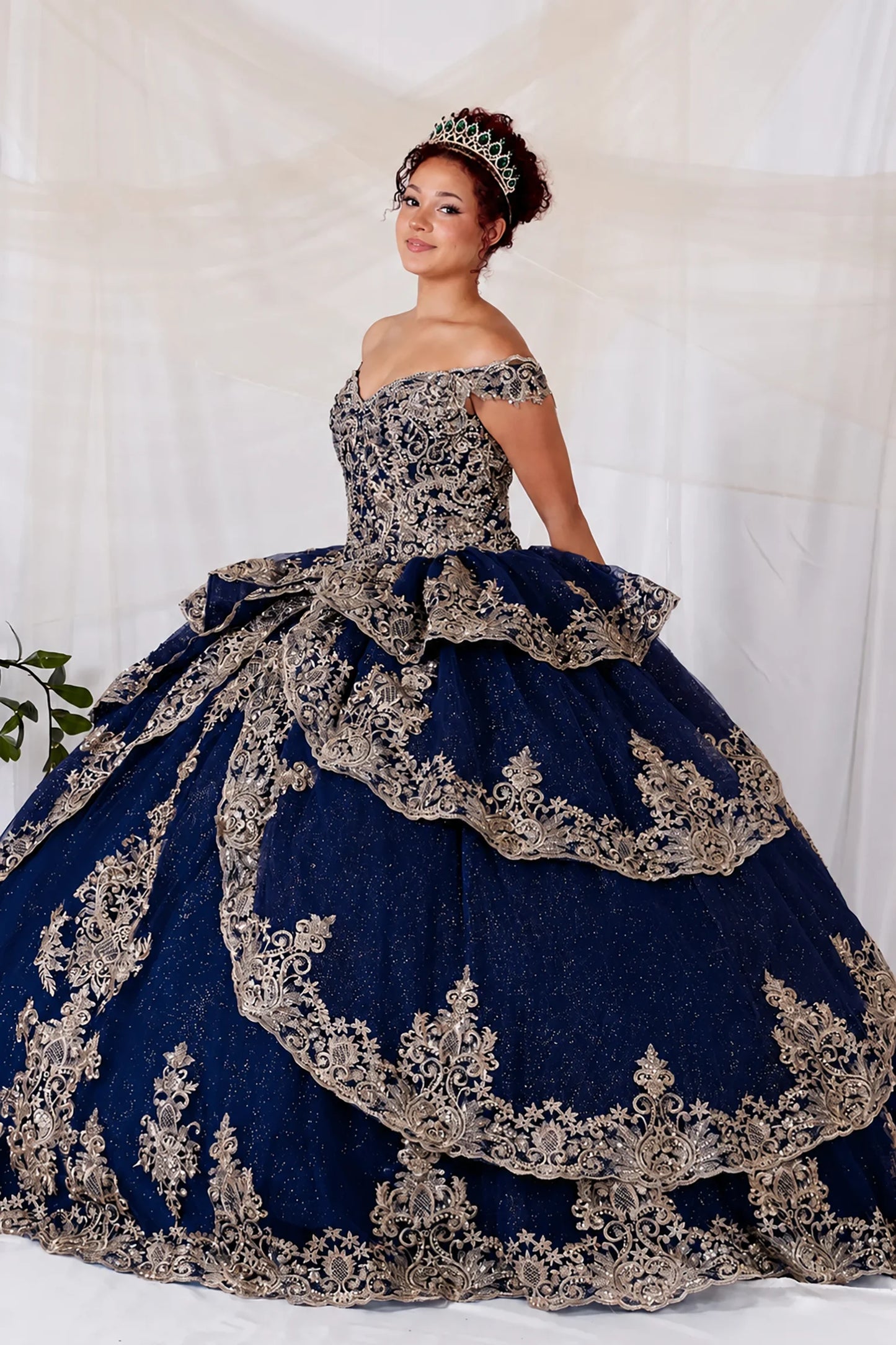 off-the-shoulder navy blue quinceañera dress with extensive beaded lace embroidery