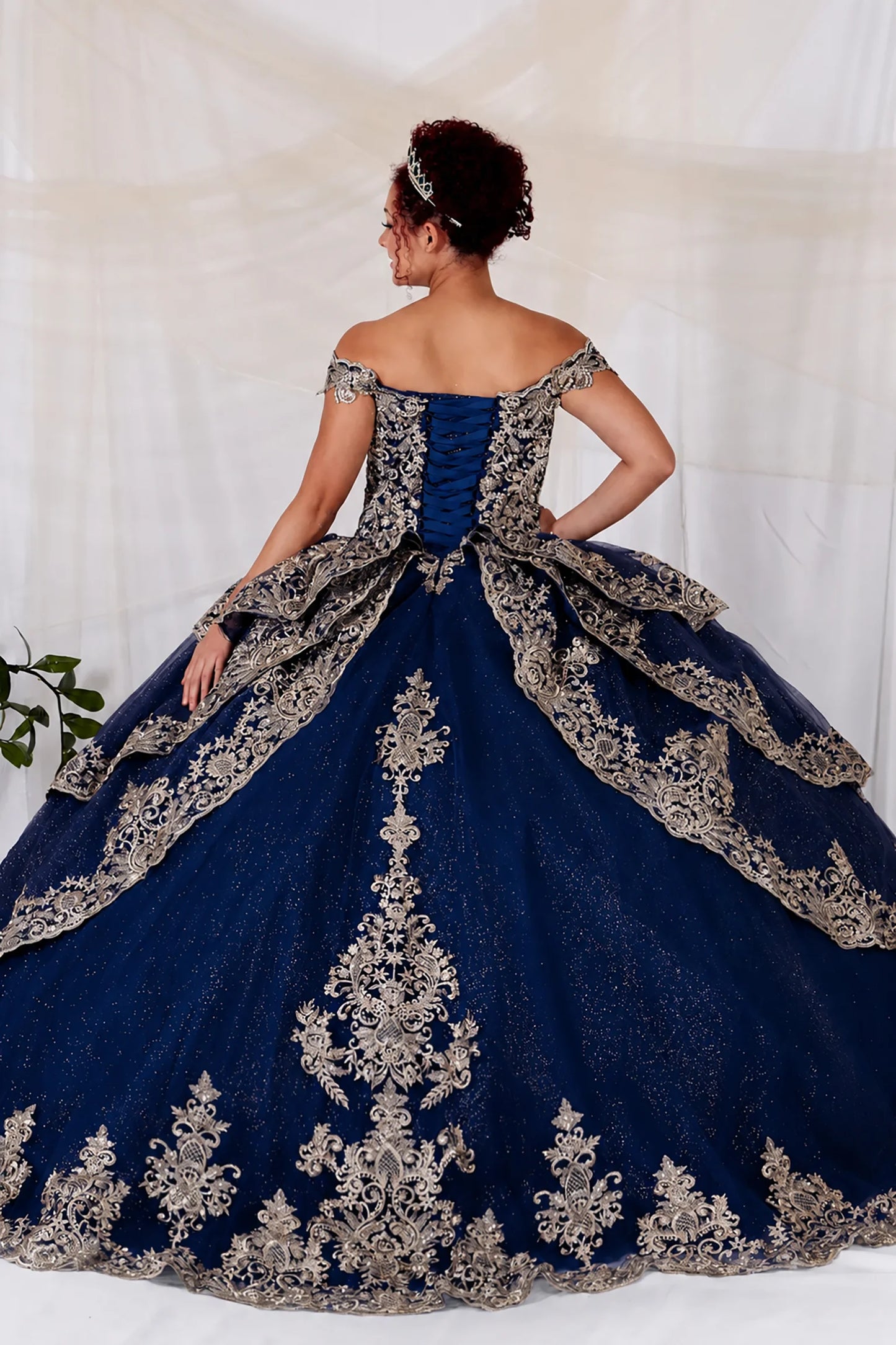 navy quuince ball gown with ornate embroidery and long train