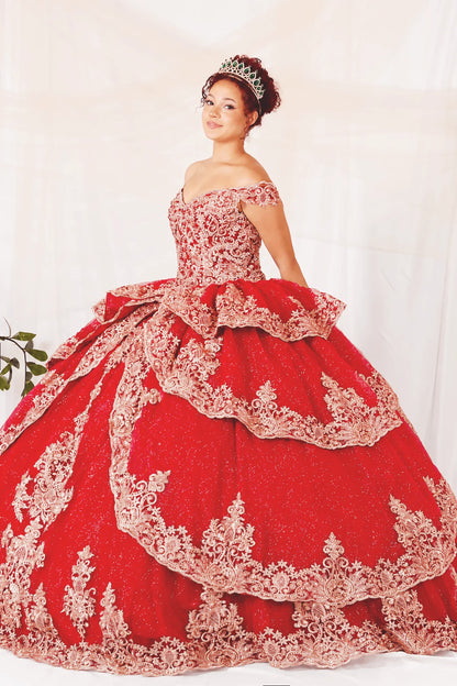 voluminous off-the-shoulder red quinceañera ball gown with intricate gold lace embroidery