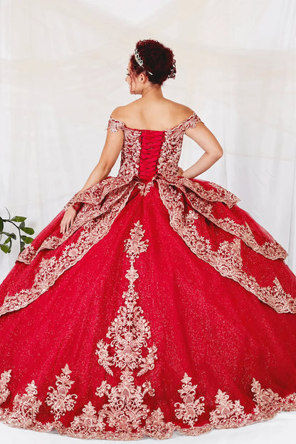 A red off-the-shoulder quinceañera ball gown with intricate gold lace embroidery