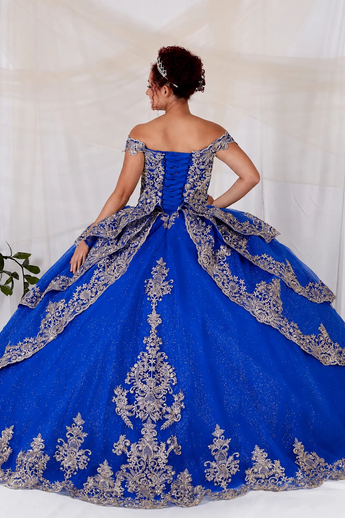A royal blue off-the-shoulder quinceanera ball gown with intricate silver lace embroidery