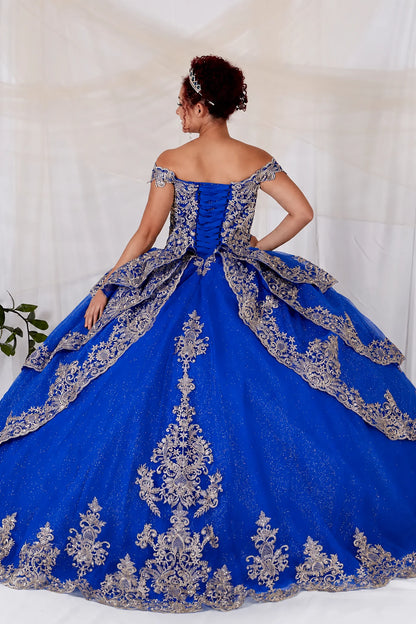 A royal blue off-the-shoulder quinceanera ball gown with intricate silver lace embroidery