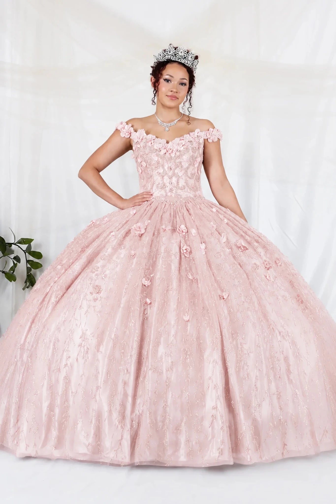 Blush quinceañera ball gown with off‑shoulder neckline, delicate floral applique and flowing skirt