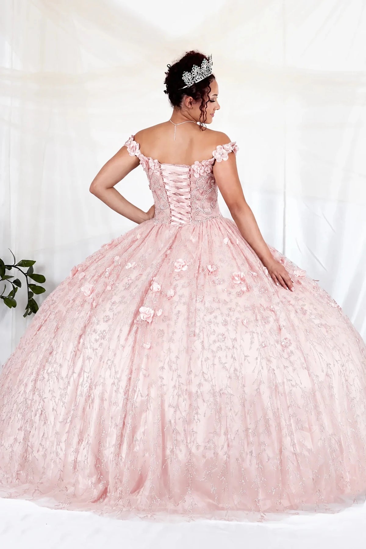Blush quinceañera ball gown with off‑shoulder neckline, delicate floral applique and flowing skirt