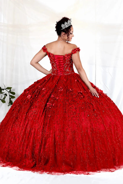 Close-up view reveals red quinceañera ball gown with off‑shoulder neckline, floral applique and flowing skirt.