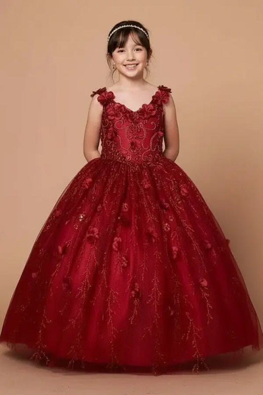 Front-facing view of burgundy ball gown with 3D floral appliqué bodice, glitter detailing, and sweetheart neckline