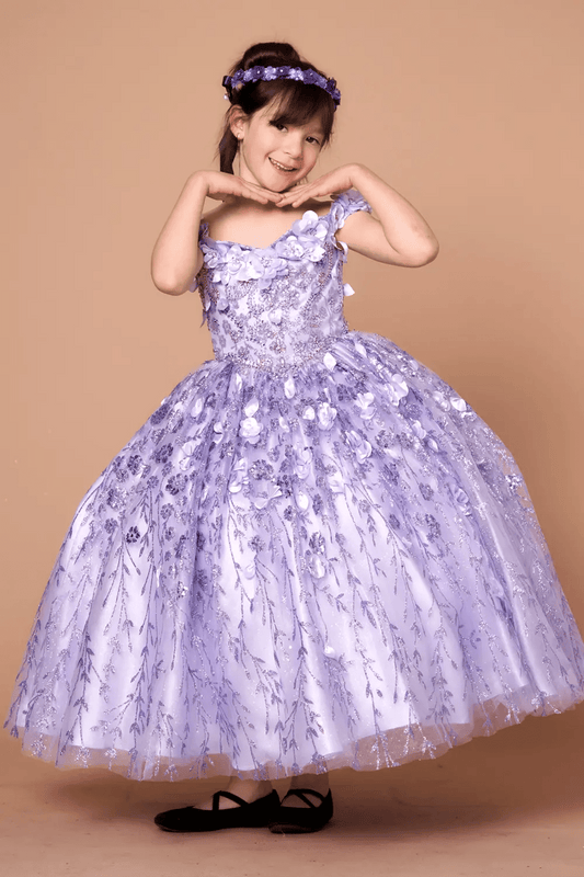 front-facing view of lilac ball gown with 3D floral appliqué bodice, glitter detailing, and sweetheart neckline
