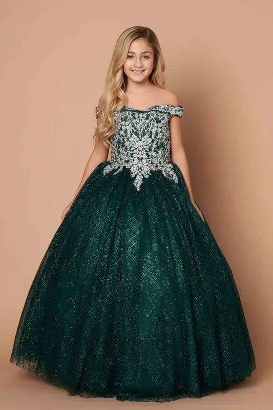 Kid standing front-facing in elegant emerald green ball gown with shiny tulle full skirt and off-shoulder neckline