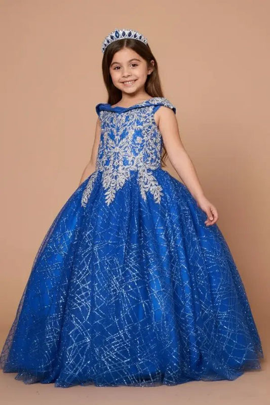 Kid standing front-facing in elegant royal blue ball gown with shiny tulle full skirt and off-shoulder neckline