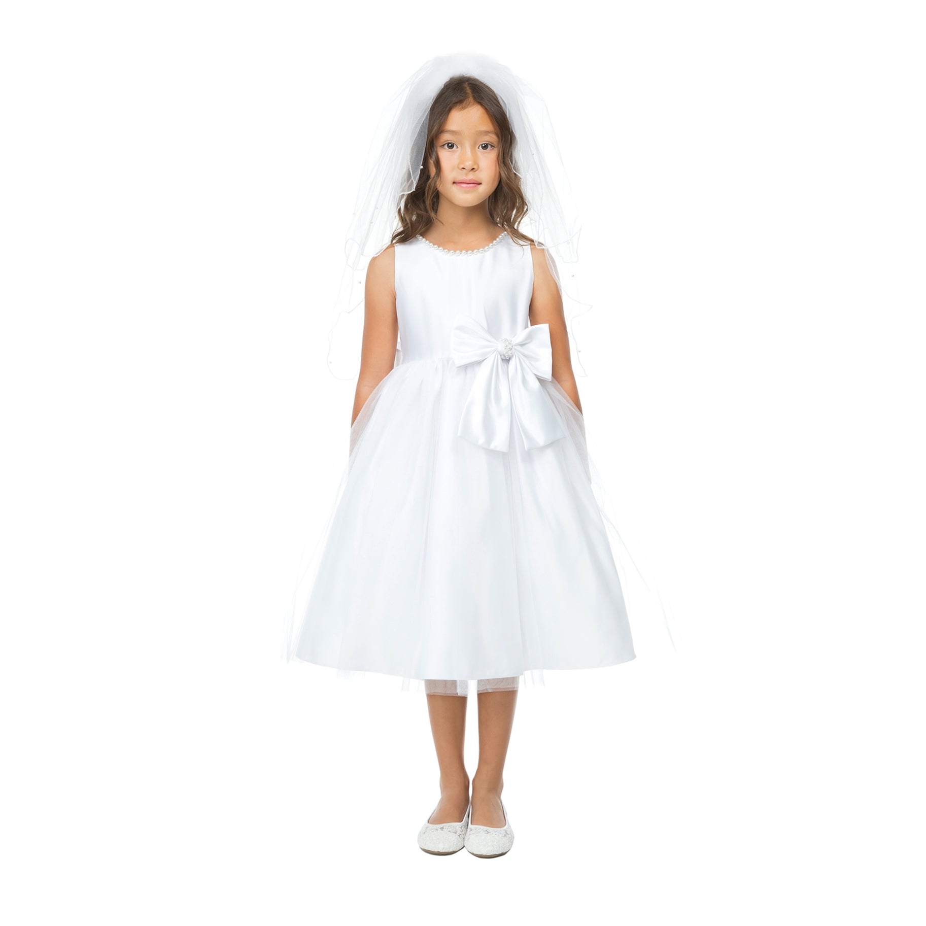 White USA Made | Pearl Neckline & Pearl detail Bow Satin and Tulle Flower Girl Dress - front view of girl wearing dress with veil