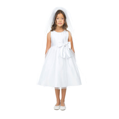 White USA Made | Pearl Neckline & Pearl detail Bow Satin and Tulle Flower Girl Dress - front view of girl wearing dress with veil