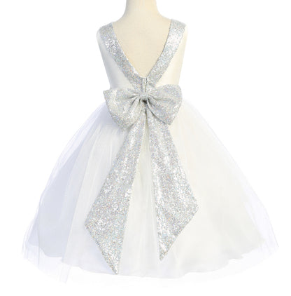 Silver / White USA Made | Sequin V-Back Tulle Flower Girl Dress with detachable Ribbon pin - back view of dress with beautiful silver bow