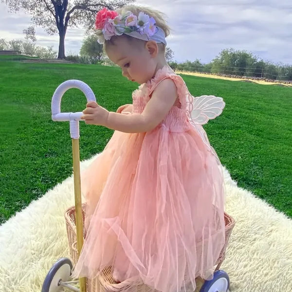 Baby wearing a pink birthday dress outdoors